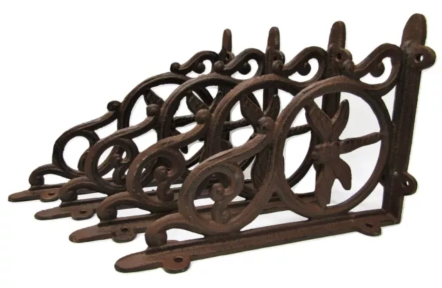 Set of 4 Cast Iron Shelf Brackets Brace Antique Style Rustic Dragonfly 9" x 6.5"