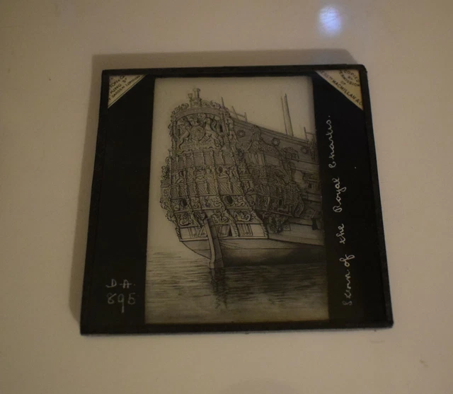 ANTIQUE Magic Lantern Slide STERN OF THE ROYAL CHARTES C1890 VICTORIAN DRAWING 2