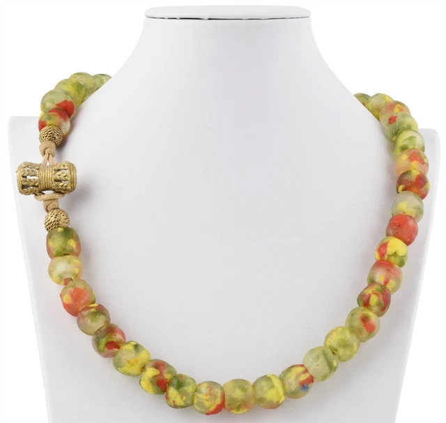 Recycled powder glass beads handmade Krobo brass Ashanti African trade necklace