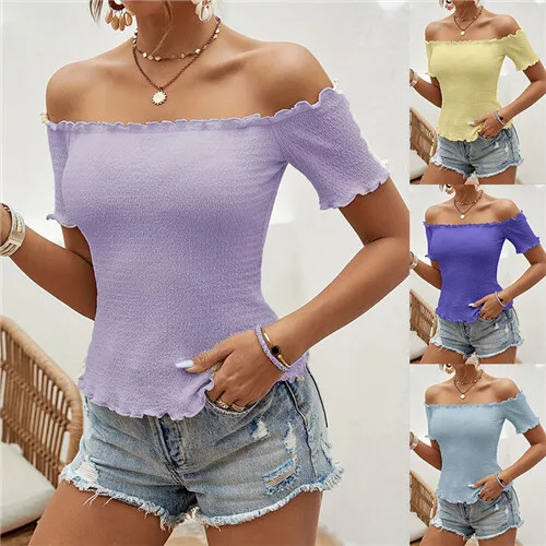 Womens Stretch Off Shoulder Slim Tops Casual Summer Frill Blouse Tee Shirts Size