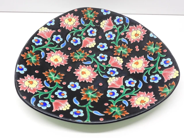 *BELLE ANCIENNE ASSIETTE CERAMIQUE  LONGWY NOIRE FLEURS MULTICOLORES Déco 5670 D
