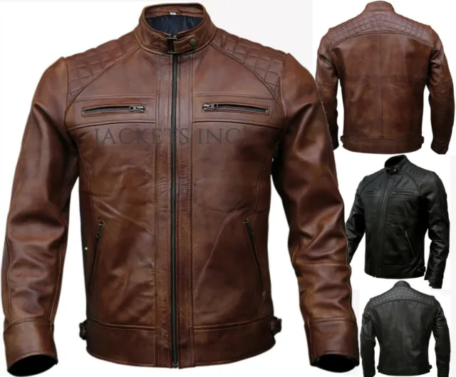 Men's Cafe Racer Waxed Real Lambskin Leather Jacket BROWN & BLACK Motorcycle