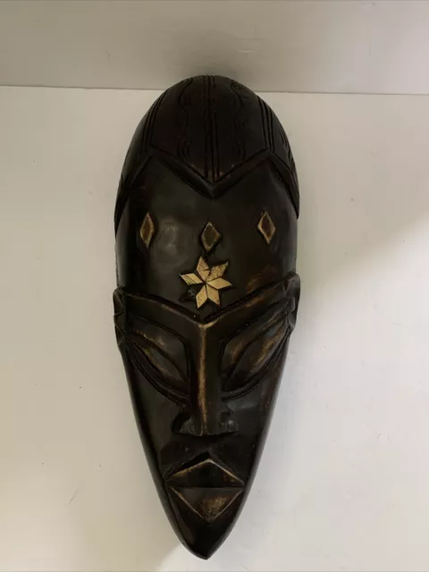 African Tribal wooden Large mask Inlaid Metal 16” Ghana hand carved