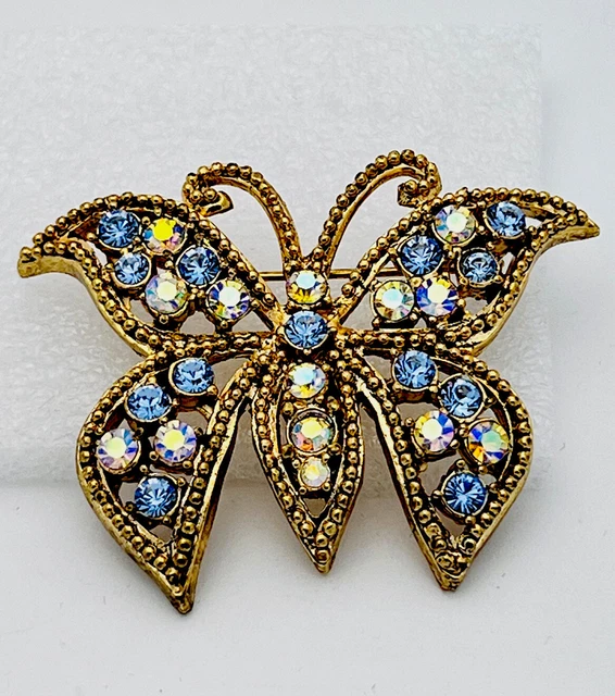 Vintage 1980-90s Gold Tone 27 Aurora Blue Crystal Butterfly Pin Brooch