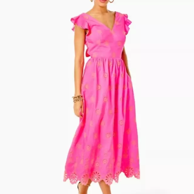 Lilly Pulitzer  Lillynne Flutter Sleeve Pink Eyelet Midi  Dress 6;NWT$278
