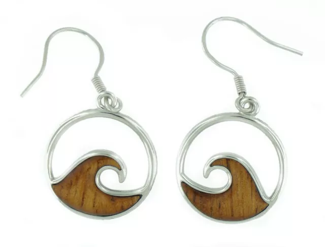 925 Sterling Silver Natural Hawaiian Koa Wood Dangle Earrings - Ocean Wave