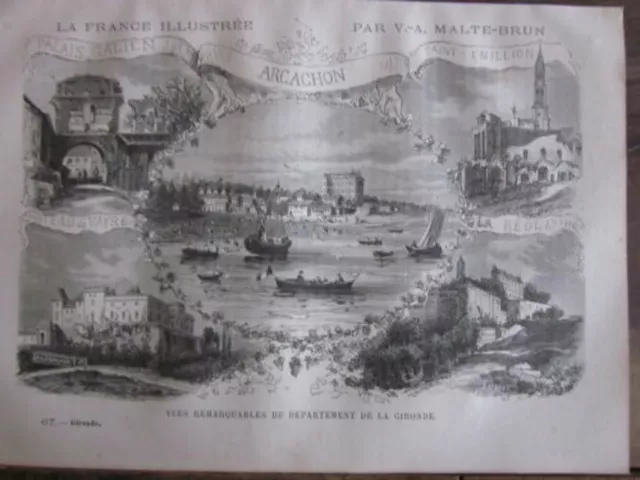 GRAVURE SUR BOIS 19 ème MALTE BRUN VUE DU DEPAREMENT DE LA GIRONDE