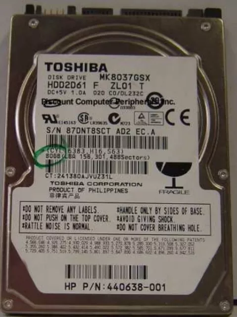 Toshiba 80GB SATA 2.5" MK8037GSX HDD2D61 9.5MM Hard Drive Tested Good