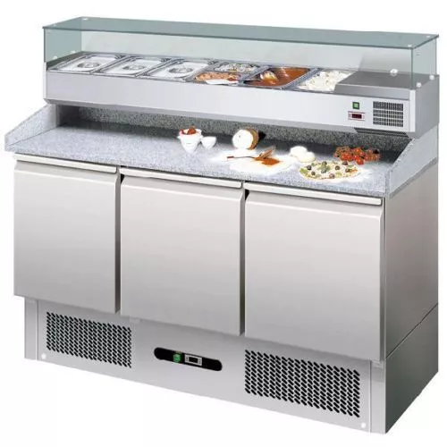 Banco Pizza Refrigerato Tavolo Frigo inox 3 Porte + Vetrina Refrigerata e granit