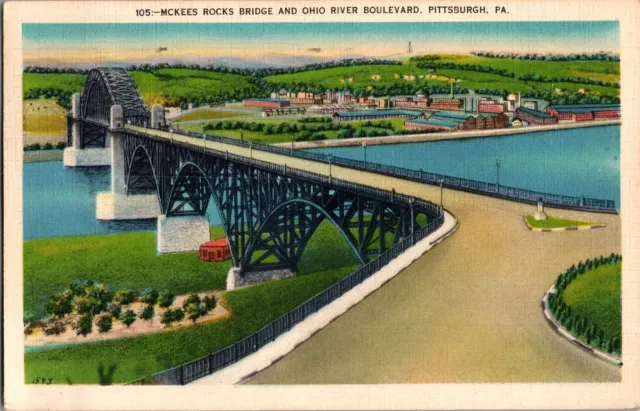McKees Rocks Bridge and Ohio River Blvd Pittsburgh PA c1942 Vintage Postcard L77