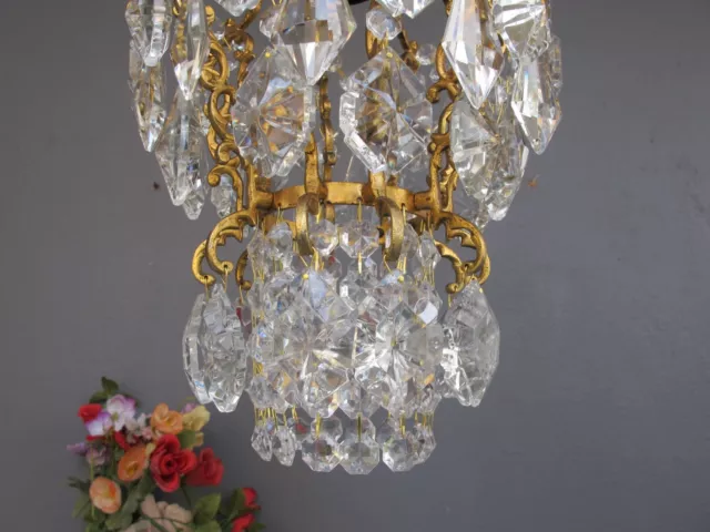 Antique French Cage Style Crystal Chandelier Lamp 1940's 3