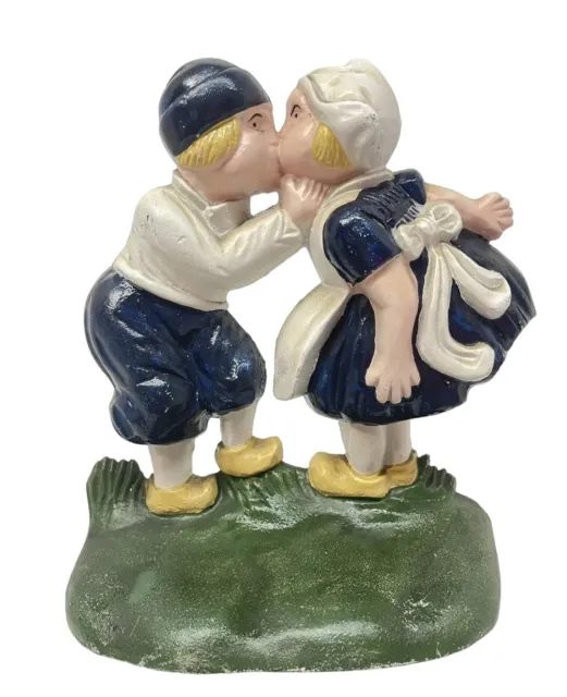 Vintage Cast Iron Doorstop, Dutch Boy Girl Kissing, Marked CN Org Paint 8 5/8” T