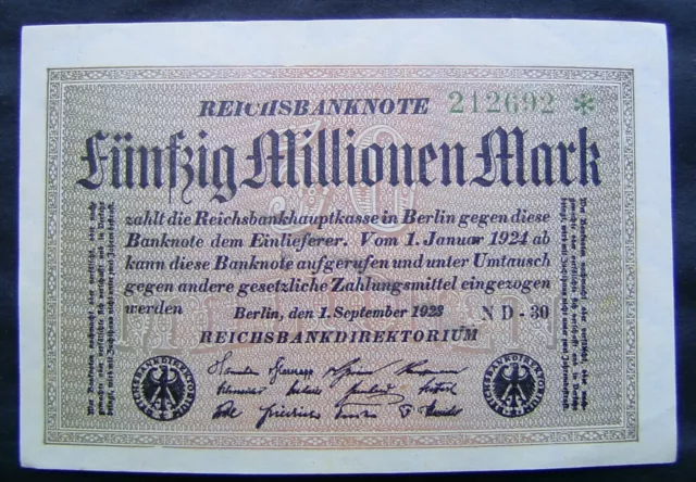 1038 Deutschland Inflation ★★★ 50 Millionen Mark 1. Sep. 1923 unc ★★★