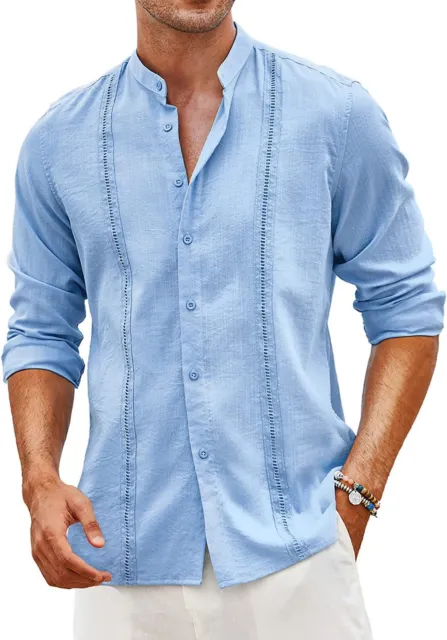 COOFANDY Men's Cuban Guayabera Shirts Linen Casual Long Sleeve Button Down Shirt