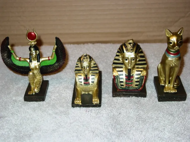 Egyptian Isis Sphinx King Tut And Bastet Cat Figurine Set ( Set Of 4 )