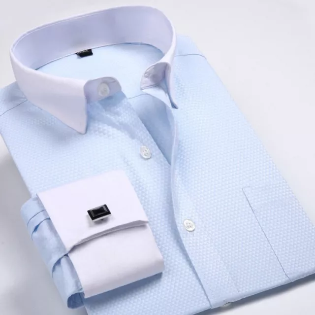 Mens Dress Shirts Dress Slim Fit French Cuff Formal With Cufflinks Shirts Tops 3