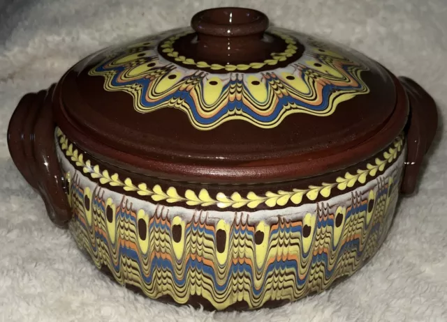 Bulgarian Troyan Pottery Lid Bowl Crock Peacock Eye Pull Glaze Red ware Dish