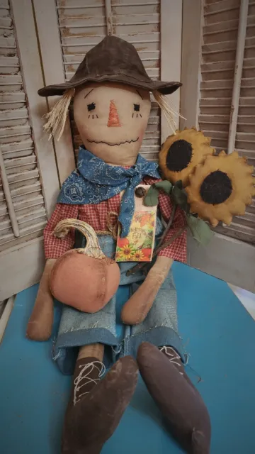 Primitive Scarecrow Doll w/ Sunflowers & Pumpkin ~  Fall ~ Harvest ~