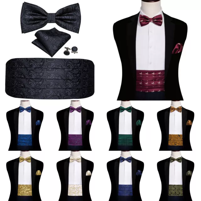 Mens Blue Paisley Silk Cummerbund Bow Tie Pocket Square Hanky Cufflinks Set Prom
