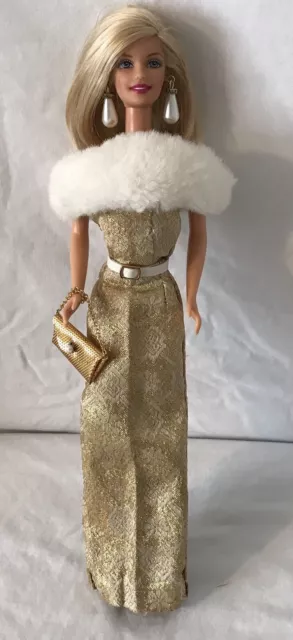 Vintage 90s Barbie in stunning vintage gold brocade gown / fur wrap. OOAK Set