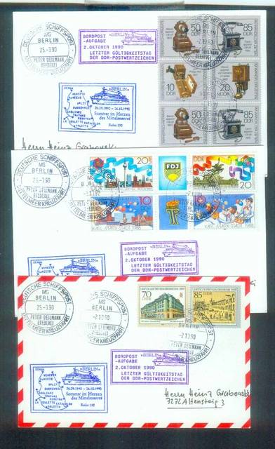 3 seltene Schiffspostkarten aus der DDR: von 1990, mit Route, gestempelt
