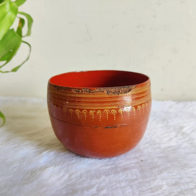1920s Vintage Lacquered Hand Painted Straw Woven Burmese Wooden Bowl W640 2