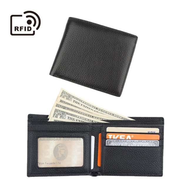 Men Genuine Leather Wallet Credit Card Holder RFID Blocking Zipper Bifold
