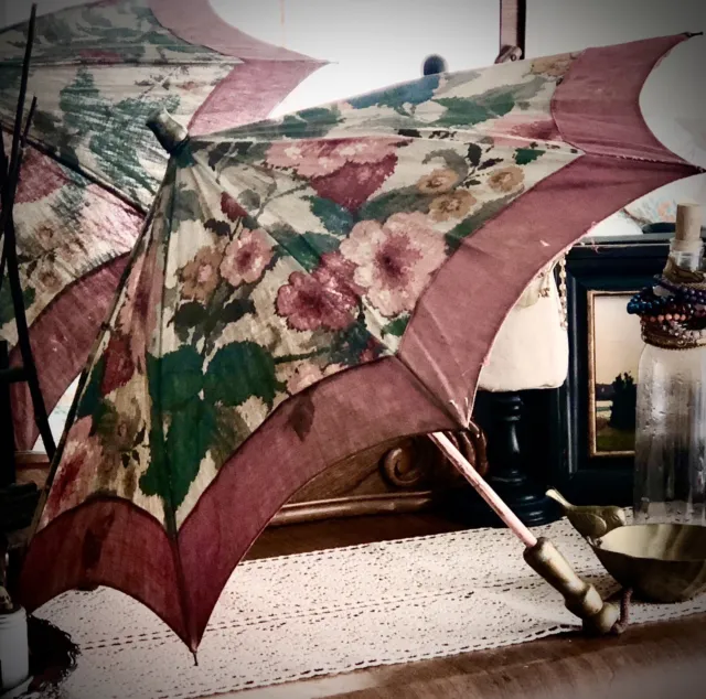 Vintage Hand Painted Raw Silk Parasol / Umbrella - Floral Design