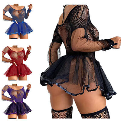 Womens Sexy Lace Long Sleeve Mini Dress Mesh Tulle Skirt See Through Nightdress
