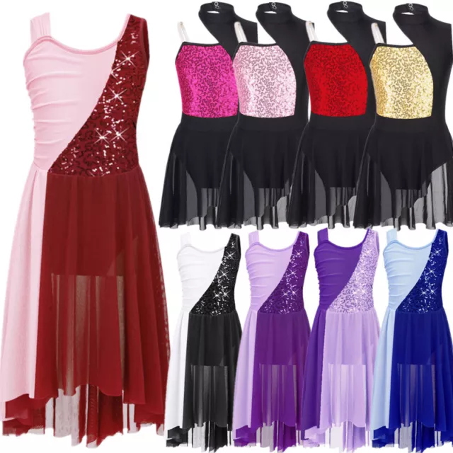 Kid Girls Sequins Lyrical Modern Jazz Ballet Dance Dress Leotard Perform Costume