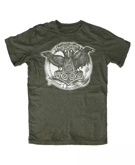 Hugin Munin T-Shirt Oliv Vikings THOR Odin Mjölnir Valhalla Berserker Ragnar