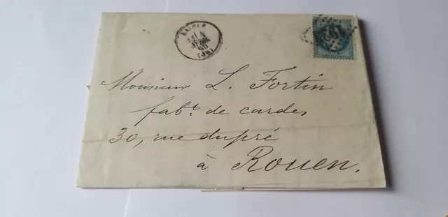 20 c Napoléon lauré  dentelé  sur lettre 1869  LAIGLE à ROUEN