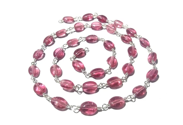 10 Feet Pink Tourmaline Quartz Oval 5x7mm Hydro Beads Rosary Chain Silver Wire