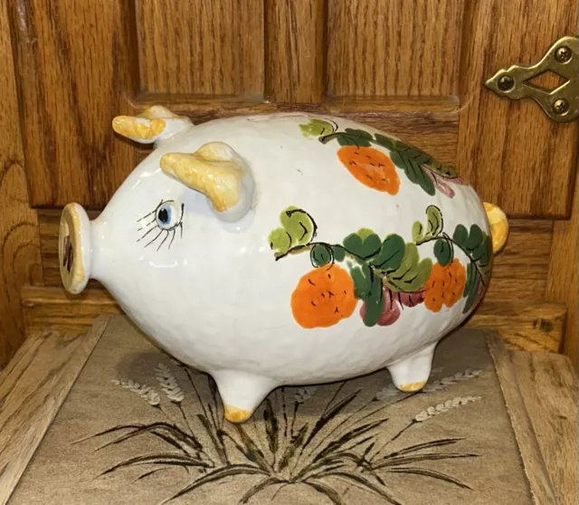 Vintage Hand Painted Italy Ceramic Orange & Pink Floral Piggy Bank Pig
