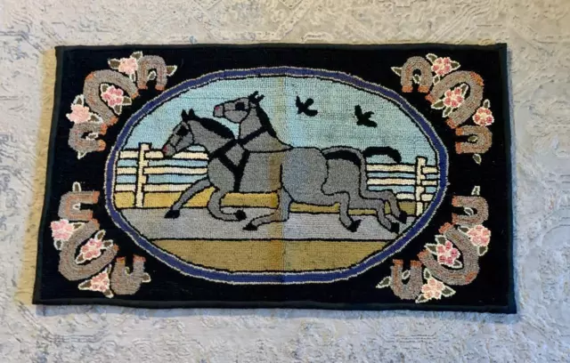 Rare 2 Running Horses Horse Racing Antique Hooked Rug 1800s American Folk Art