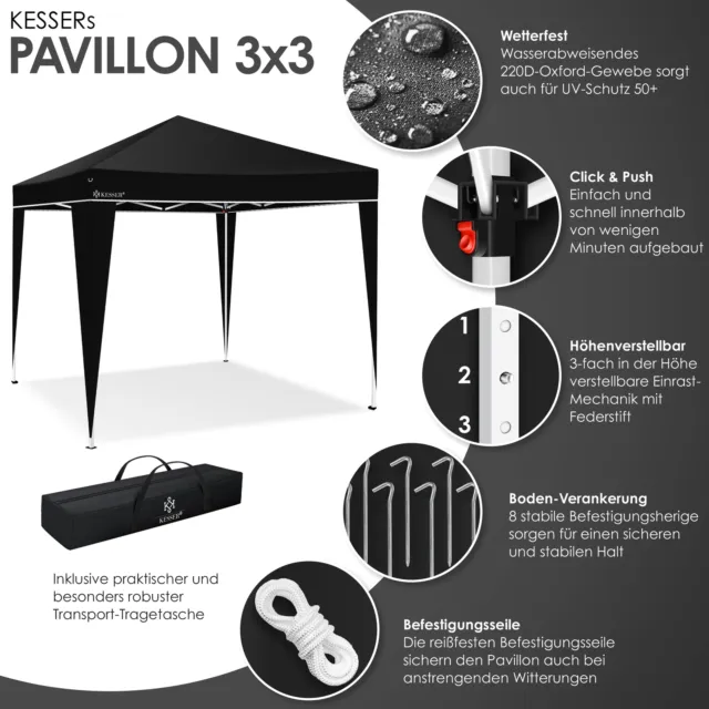 RETOURE Pavillon 3x3m | Pop-Up Klicksystem | Faltpavillon | Gartenzelt Grau 3
