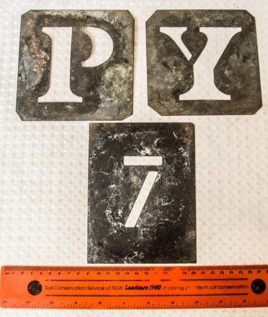 Three Vintage Wool Bale Metal Stencils. Each abt 13cm Square. Letters are P,Y,7