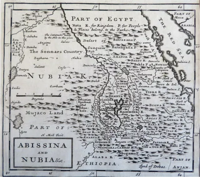 Abyssinia Nubia Egypt Northeast Africa Nile source  1701 Moll engraved map