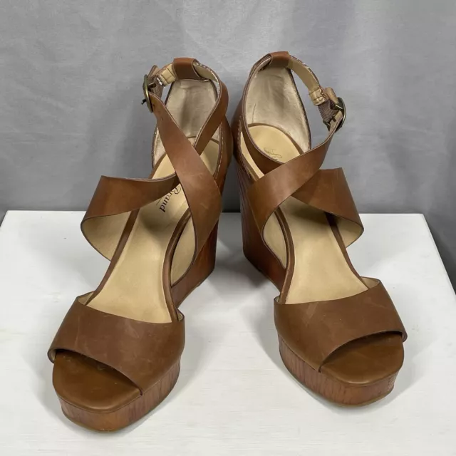 Lucky Brand Brown Leather Strappy Platform Wood Wedge Sandal Size 8.5 Lyndell