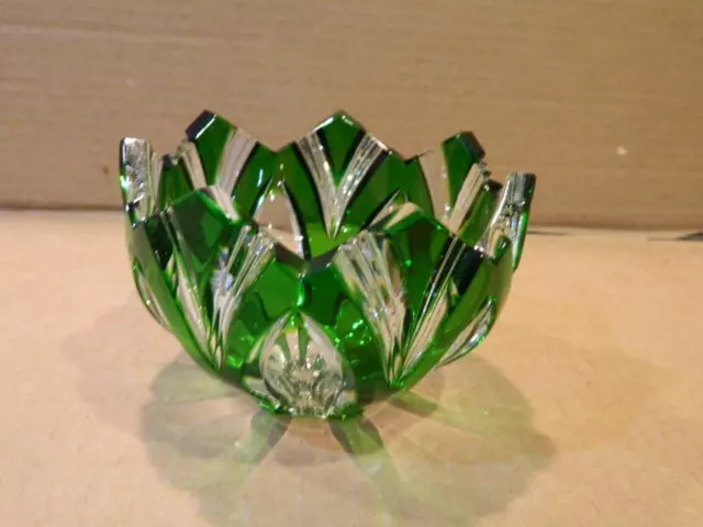 Czech Bohemian Hand Cut Glass 4 1/2" Bowl Green Cut To Clear Blaze & Thumb Print Czech Bohemian Hand Cut Glass 4 1/2" Bowl Green Cut To Clear Blaze & Thumb Print