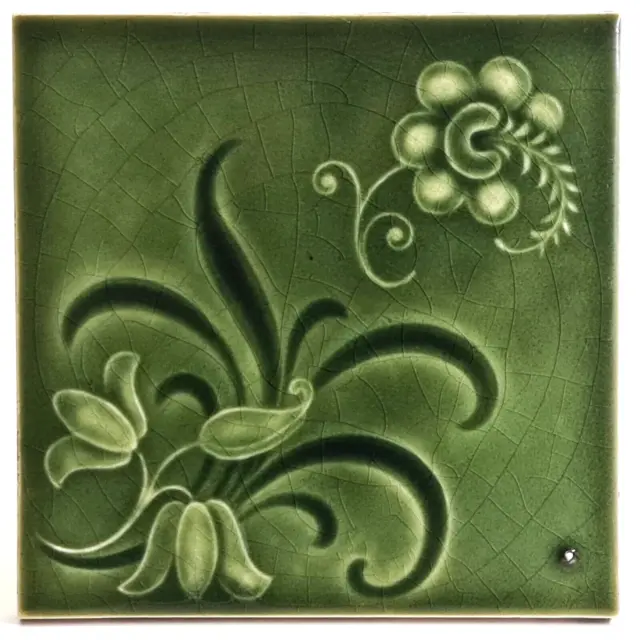 Art Nouveau Fireplace Majolica Tile Green Floral Design Henry Richards 1905