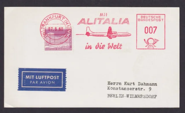 Flugpost Brief Air Mail Alitalia Bund AFS Absenderfreistempel 007 + 5 Pfg Bauten