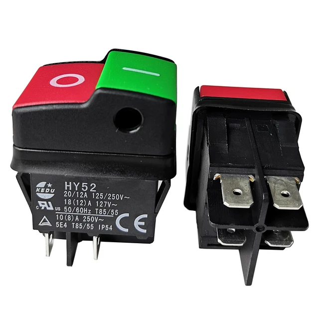 Interrupteur Poussoir Industriel HY57 éclairé - Noir - 250V/12A - Connecteur - Marche/arrêt Maintenu