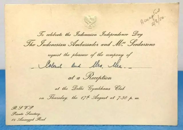 Invitation Indonesian Independence Day Ambassador Soedarsono New Delhi 1950