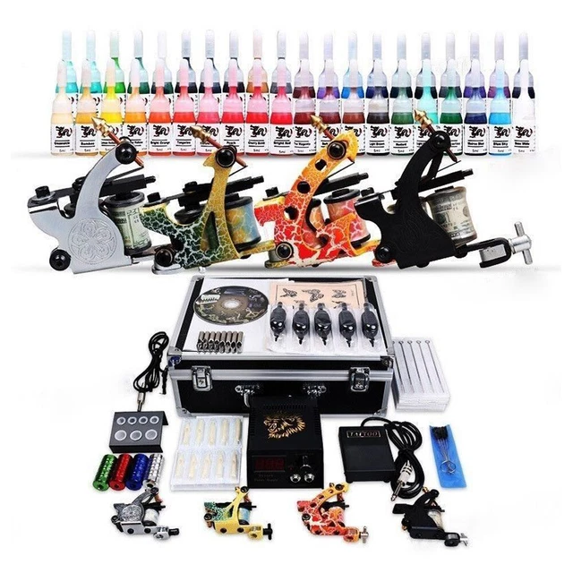 4 máquinas de tatuaje juego completo máquina de tatuajes 40 colores 50 agujas + maleta profesional