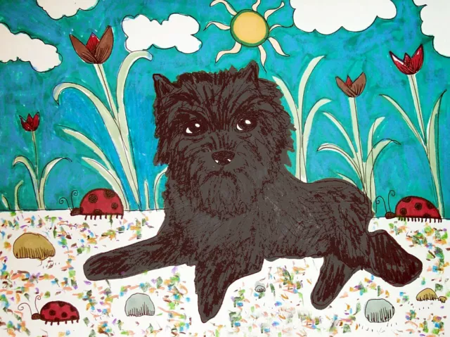 ACEO Affenpinscher in Garden Dog Collectible Signed Art Card Print KSAMS Vintage