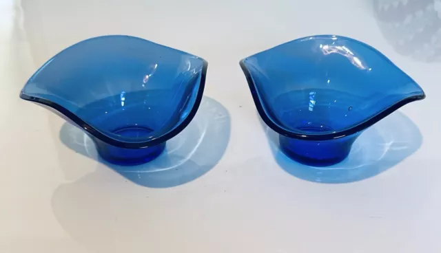 Vintage Sowerby MCM Blue Glass Vases Posy Triform Colbalt Retro Art Glass x 2
