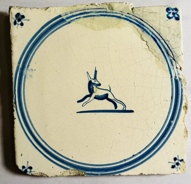 17th or 18th Century Dutch Blue and White Delft Tile - A37 - Leaping Deer