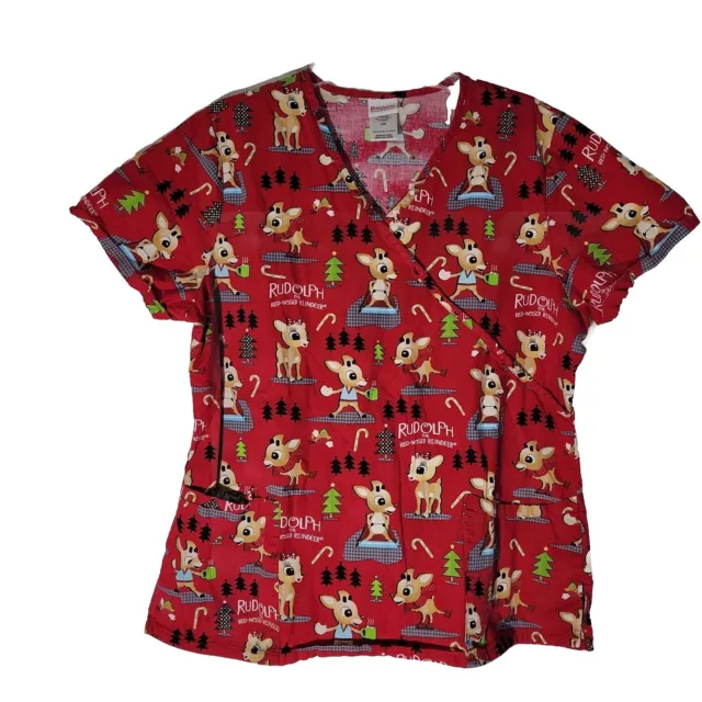 Christmas Rudolph the Red Nosed Reindeer Scrub Top Womens Red Sz Large Pockets