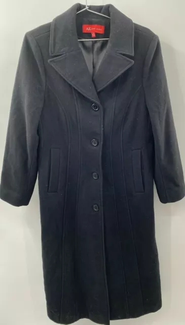 AK Anne Klein Womens Size 12 Long Pea Coat Jacket Button Wool Polyester Blend